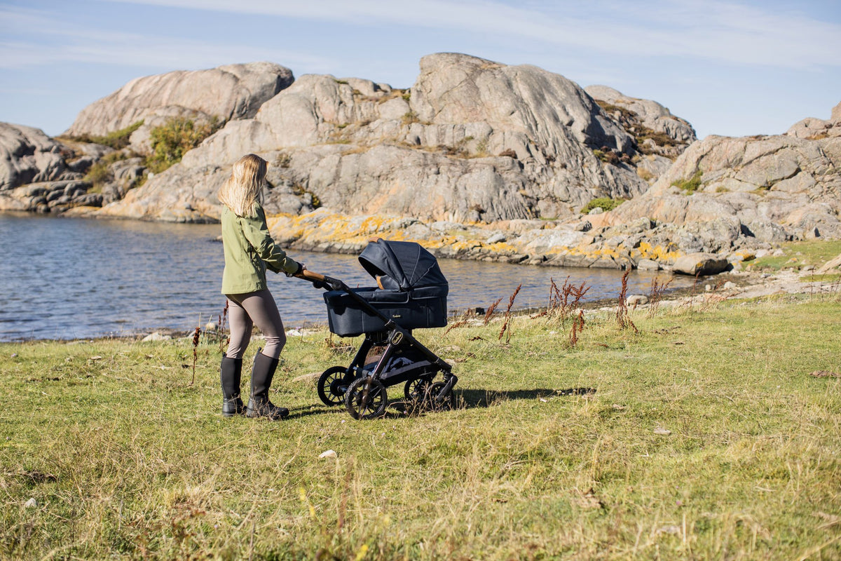 
SENTO Outdoor Navy koos vankrikorviga jalutuskäigul mere ääres.